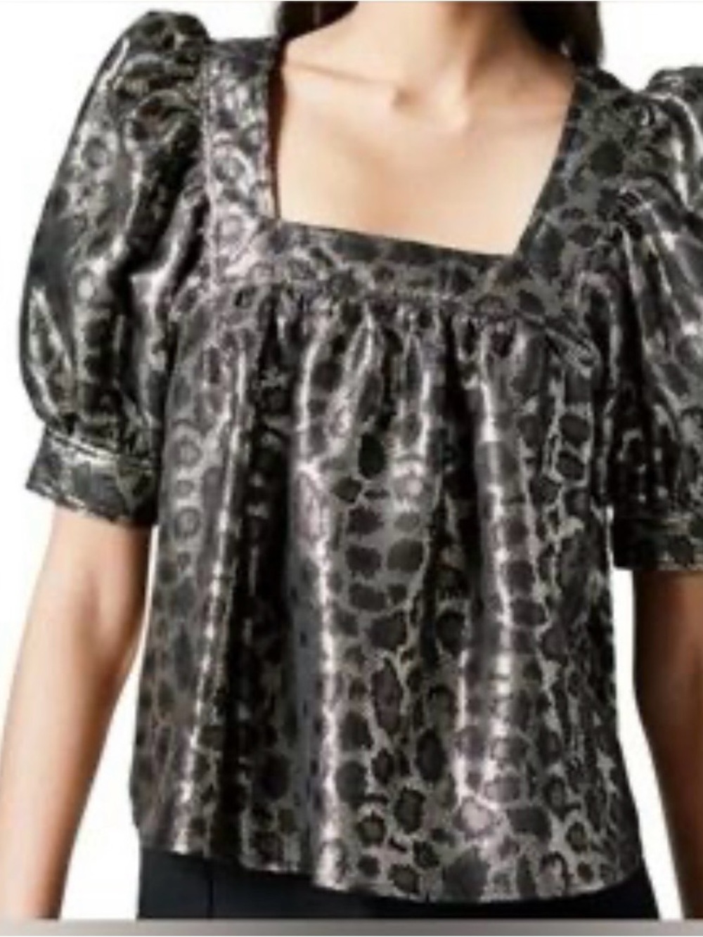 Smythe Metallic Leopard-Print Square-Neck Puff Sleeve Top - Black/Silver